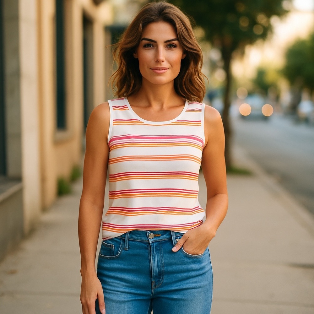Liz Claiborne White and Pink Fitted Crop Tank Top